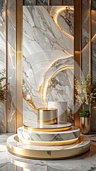 Elegant Marble Podium Display with Golden Accents and Abstract Design for Product Showcase
