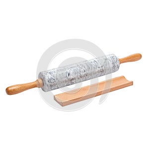 Elegant marble rolling pin with stand, isolate, on white.