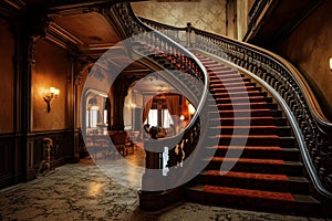 Elegant Marble stairs red carpet historic hotel. Generate Ai