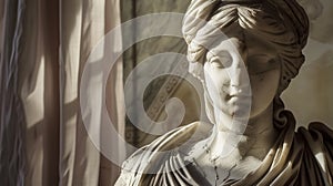 Elegant marble statue of a Grecian woman with intricate carvings, warm light and shadows