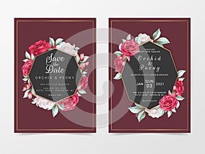 Elegant maroon wedding invitation card template with watercolor floral. Luxury wedding cards of flowers and golden decoration