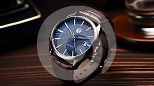 Elegant Masculine Analog Watch With Blue Dial And Brown Leather Strap
