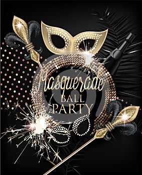 Elegant masquerade party invitation card with masquerade deco objects and sparklers. Gold and Black.