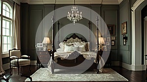 Elegant master bedroom with a stately four-poster bed, dark floors, and subtle colors, lit by a beautiful classic