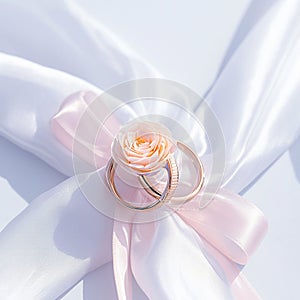 Elegant matrimony Marriage rings with white and pink ribbons backdrop photo