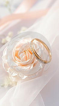 Elegant matrimony Marriage rings with white and pink ribbons backdrop photo