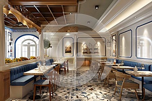 Elegant Mediterranean style restaurant interior, blue booths. Cozy atmosphere public place