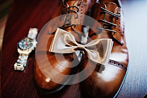 Elegant  men`s wedding shoes at groom morning