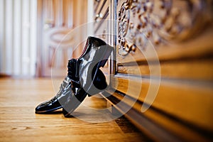 Elegant  men`s wedding shoes at groom morning