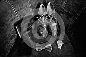 Elegant  men`s wedding shoes at groom morning