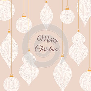 Elegant Merry Christmas New Year greeting card with ornament balls hanging on string on pink background. Minimalist retro