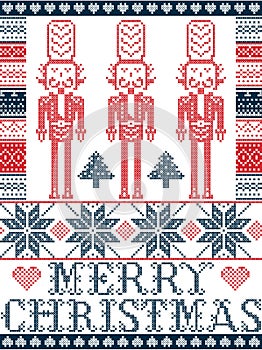 Elegant Merry Christmas Scandinavian, Nordic style winter pattern including snowflake, heart, nutcracker soldier, Christmas tree