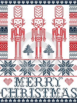 Elegant Merry Christmas Scandinavian, Nordic style winter pattern including snowflake, heart, nutcracker soldier, Christmas tree photo
