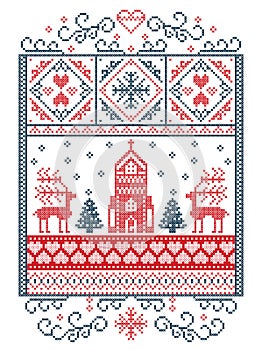 Elegant Merry Christmas Scandinavian, Nordic style winter pattern including snowflake, heart, reindeer, christmas tree, snow, snow