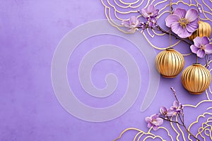 Elegant Mid-Autumn Festival design featuring golden lanterns and delicate purple flowers arranged with gold patterns photo
