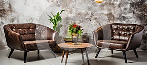 Elegant mid century living room with brown lounge chairs, white sofa, and marble wall