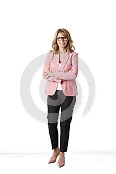 Elegant middle aged woman full length portrait at isolated background