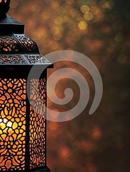 Elegant middle eastern lantern with intricate patterns illuminated at night