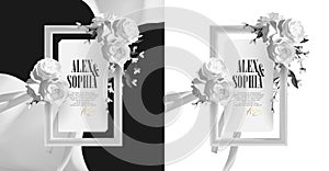 Elegant minimal 3d realistic wedding invitation frame with beautiful white floral roses wreath illustration