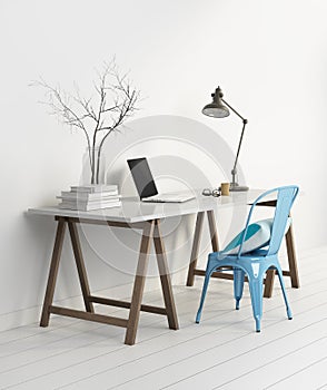 Elegant minimal white home office with blue chair