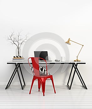 Elegant minimal white home office with red chair