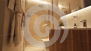 Elegant minimalist bathroom with warm lighting, modern fixtures, and stylish design