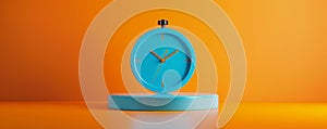 Elegant minimalist cyan blue clock on vibrant orange background
