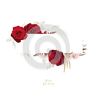 Elegant minimalist floral bouquet frame, border with red roses, pampas grass. Bohemian, watercolor style flowers, dry palm leaves