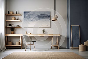 Elegant Minimalist Home Office: Built-In Desk, Black Leather Chair & Monochromatic Aesthetic