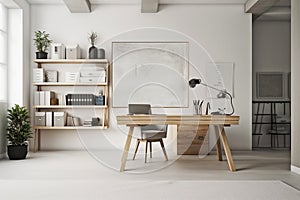 Elegant Minimalist Home Office: Built-In Desk, Black Leather Chair & Monochromatic Aesthetic