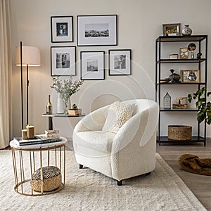 Elegant minimalist living room with white boucle armchair photo