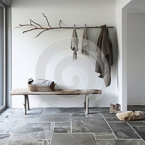 Elegant minimalist mudroom with natural stone tiles and wooden bench