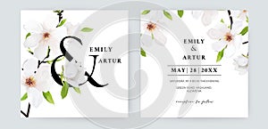Elegant minimalist wedding invitation, save the date set. White magnolia flowers, green leaves bouquet. Editable floral watercolor