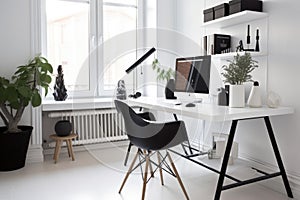 elegant and minimalistic home office, with sleek furniture and modern decor