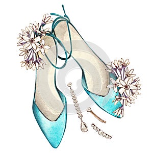 Elegant mint pair of shoes, flowers, pearl jewelry isolated on white . Watercolor hand draw illustration. Art for design