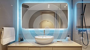 An Elegant Mirror Surmounting the Sink with a View of a Glass Shower Booth in a Brightly Lit Contemporary Bathroom photo