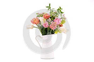 Elegant mixed pastel colored spring bouquet in white vase on white background. Spring flowers. Tulips bouquet.