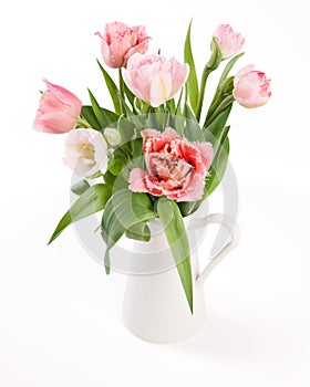 Elegant mixed tulips pink colored spring bouquet on white background. Spring tulips. Tulips bouquet.