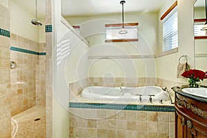 Elegant modern bathroom with an antique wooden storage cabinet