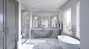 Elegant Modern Bathroom Interior with Freestanding Tub and Glass Shower