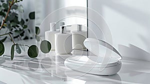 Elegant modern bathroom with sophisticated skincare devices on a sleek white countertop