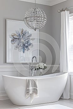 Elegant modern bathroom with stylish standalone bathtub creating a serene ambiance