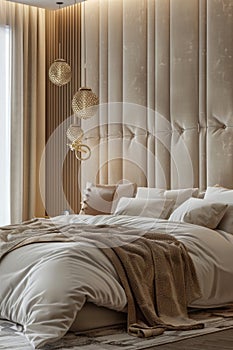 Elegant Modern Bedroom Interior with Luxurious Bedding and Pendant Lighting