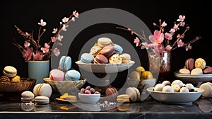 Elegant and Modern Easter Sweets with Chocolate Eggs, Macarons, and Pink Flowers on dark Background