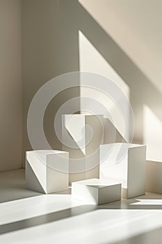 Elegant modern geometric style of showcase for cosmetics product display - white square podiums in sunlight with shadow in white