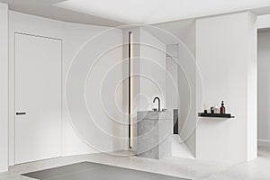 Elegant modern hotel bathroom interior with sink and accessories on shelf