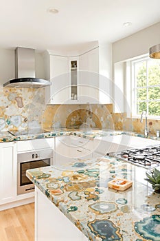 Elegant Modern Kitchen with Unique Stone Countertop and Bright Light