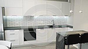 Elegant modern kitchen with white walls. Light interior of a white kitchen in a compact apartment, black and white