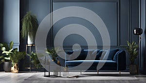 Elegant modern living room interior design with glamour blue velvet sofa, pouf, black metal shelf, poster, plants and modern home