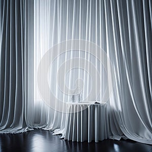 Elegant Modern Luxury Empty Podium Table Top With Soft Light And Curtains Behind, Background Design For Cosmetic and Fragrances